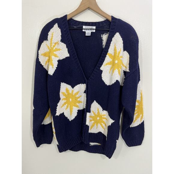 Vtg Grandpa Grandma Hand Knit Cottage Floral Cardigan Sweater S Maximalist 90s - Picture 1 of 12
